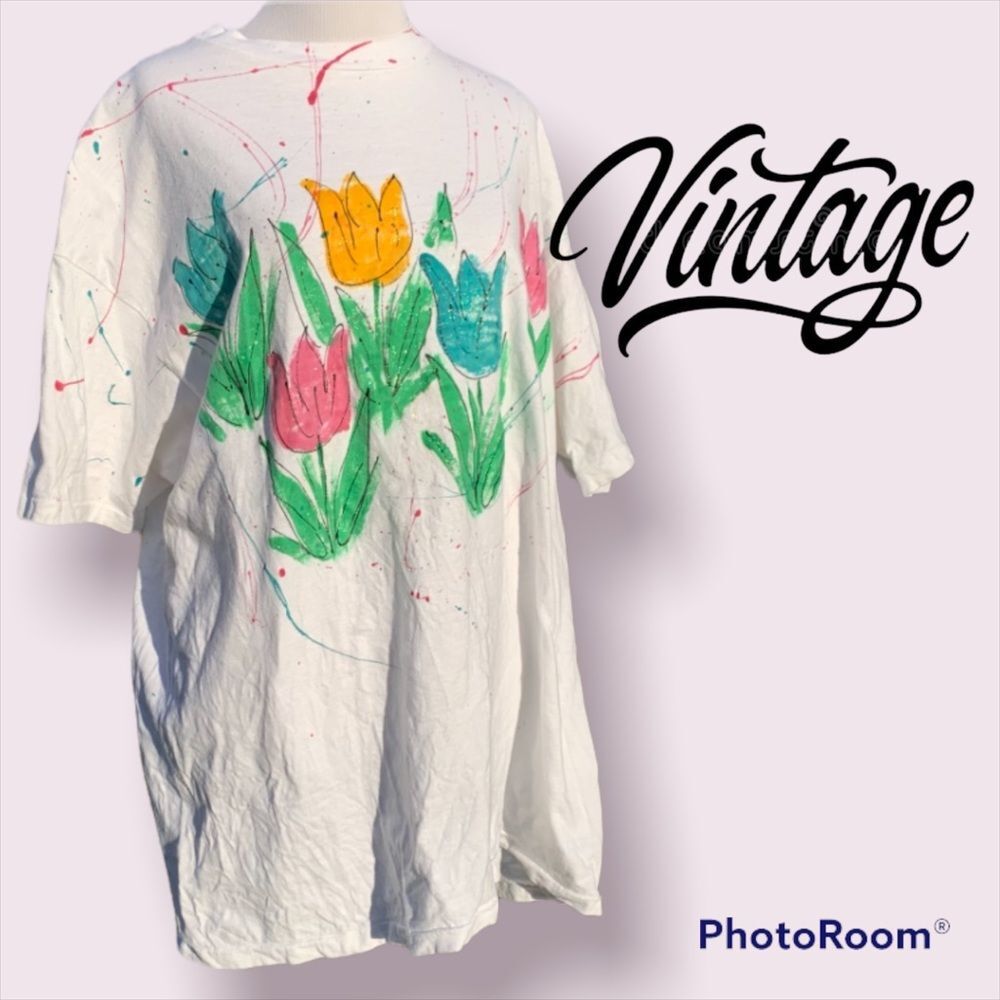 Vintage Hand Painted Front & Back Glitter Floral Tulip Graphic Tee XL Artist